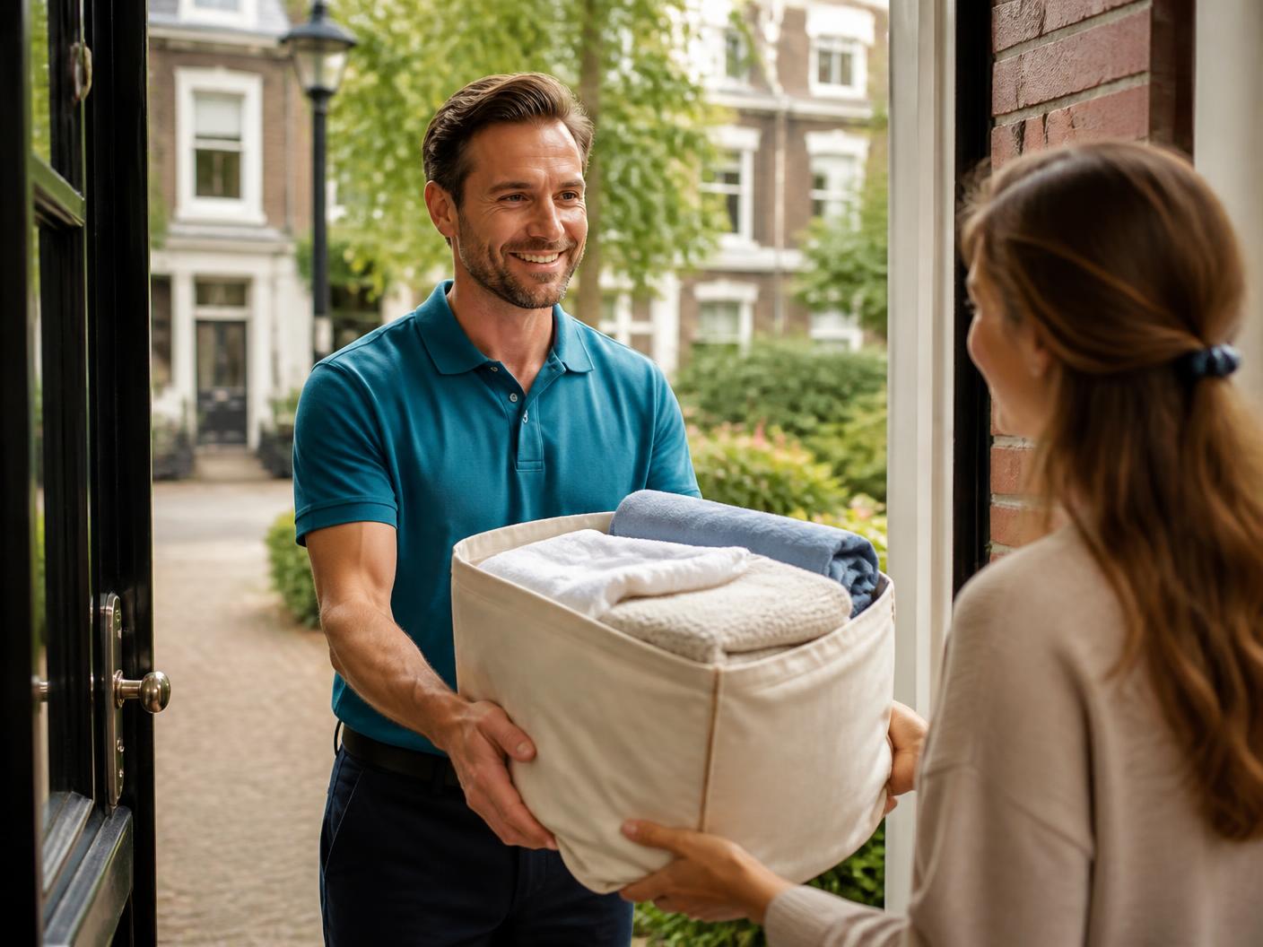 Bezorger van HomeCareService overhandigt schone was aan een klant aan de deur